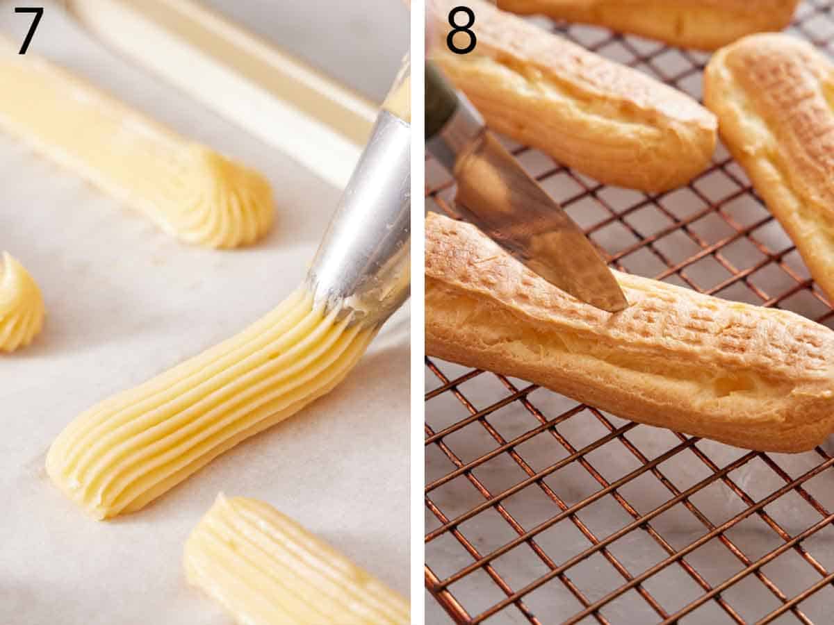 Set of two photos showing batter piped onto a lined sheet pan and a knife cutting into the eclair.