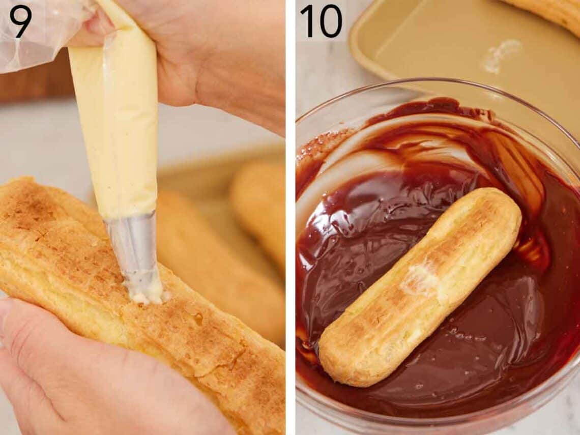 Set of two photos showing cream filling piped into the eclair and then dipped into melted chocolate.