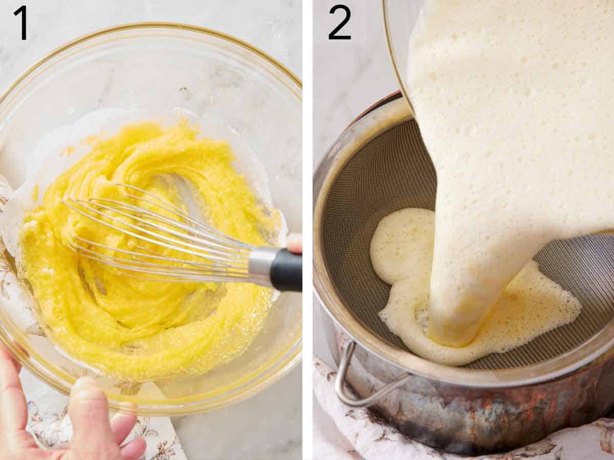 Set of two photos showing egg yolks whisked with sugar then strained.