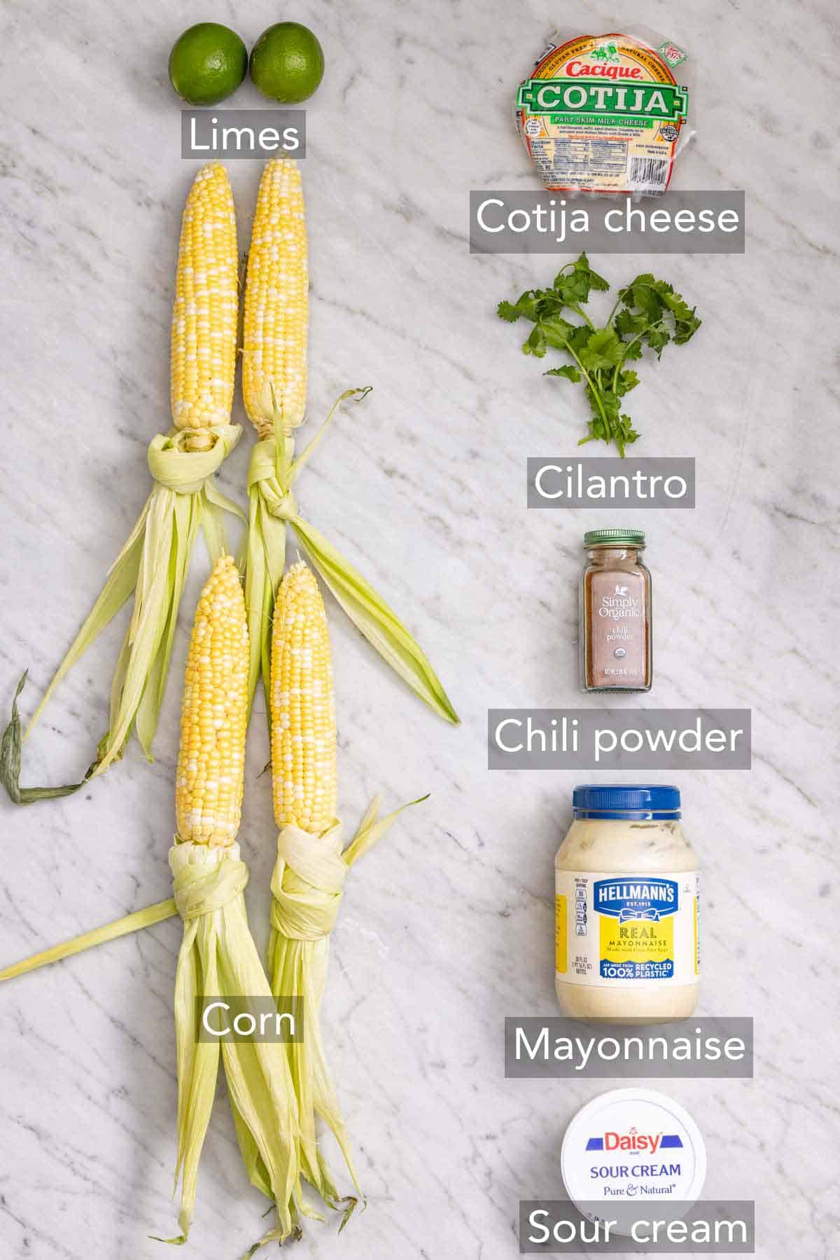 Ingredients needed to make elote.