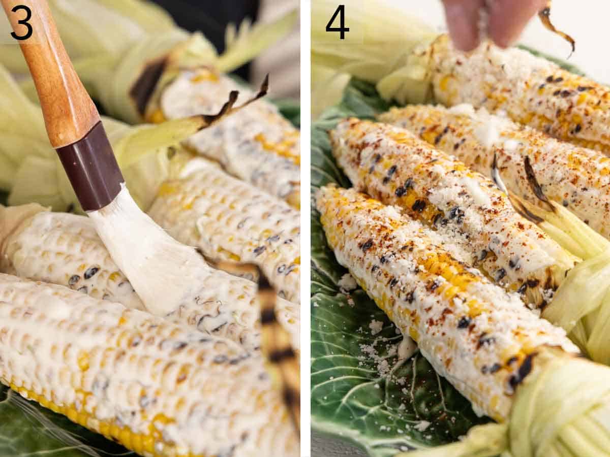 Set of two photos showing the sour cream mixture brushed onto the corn and topped with cotija cheese.