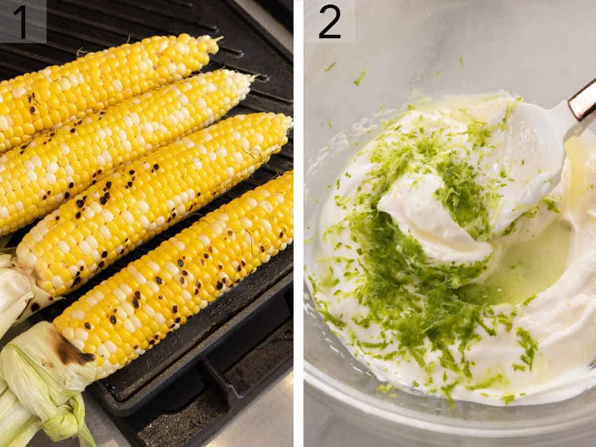 Set of two photos showing corn grilled and mayonnaise, sour cream, lime juice, and lime zest mixed in a bowl.