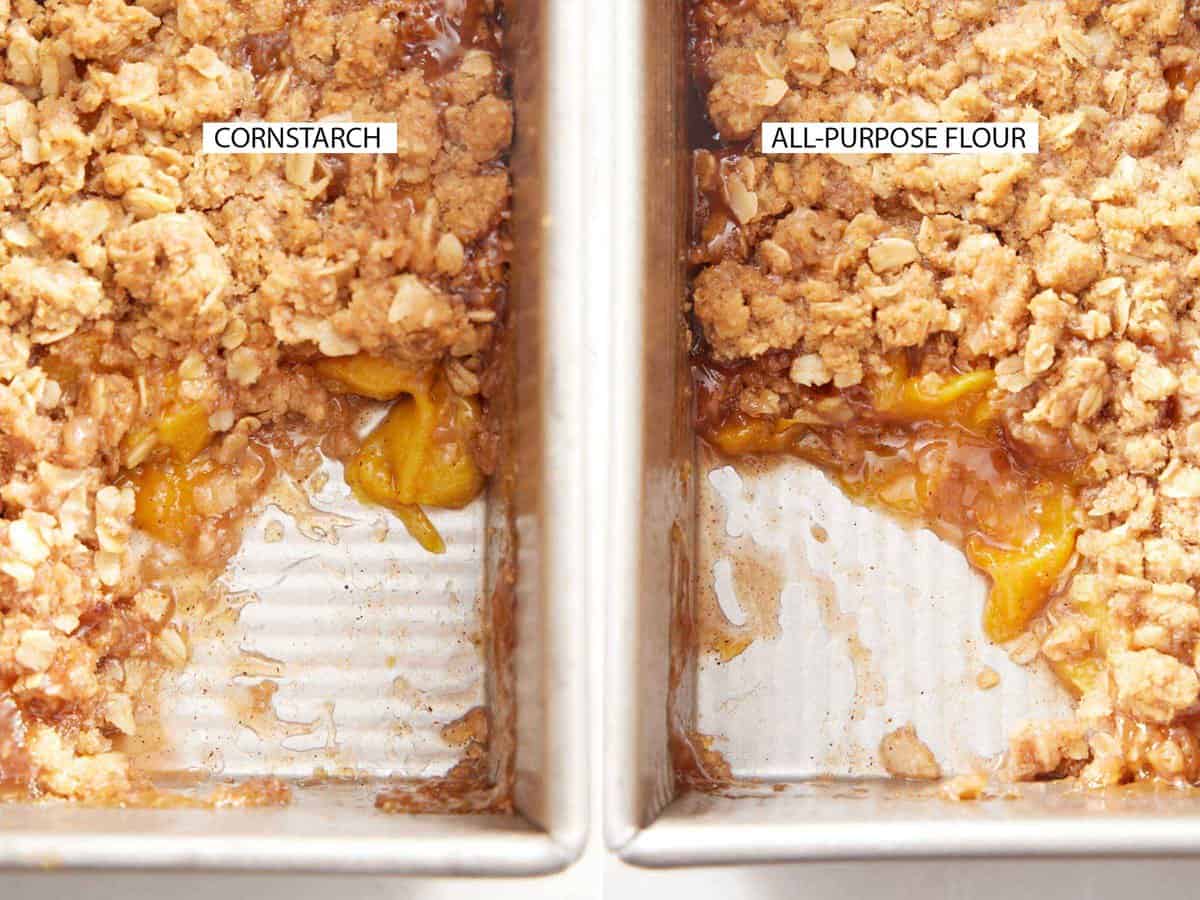 A comparison photo of cornstarch and flour in a peach crisp.