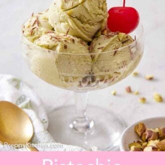 Pinterest graphic of an ice cream serving bowl with multiple scoops of pistachio ice cream with a cherry.