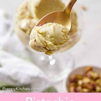 Pinterest graphic of a spoonful of pistachio ice cream held up with a bowl of ice cream in the background.