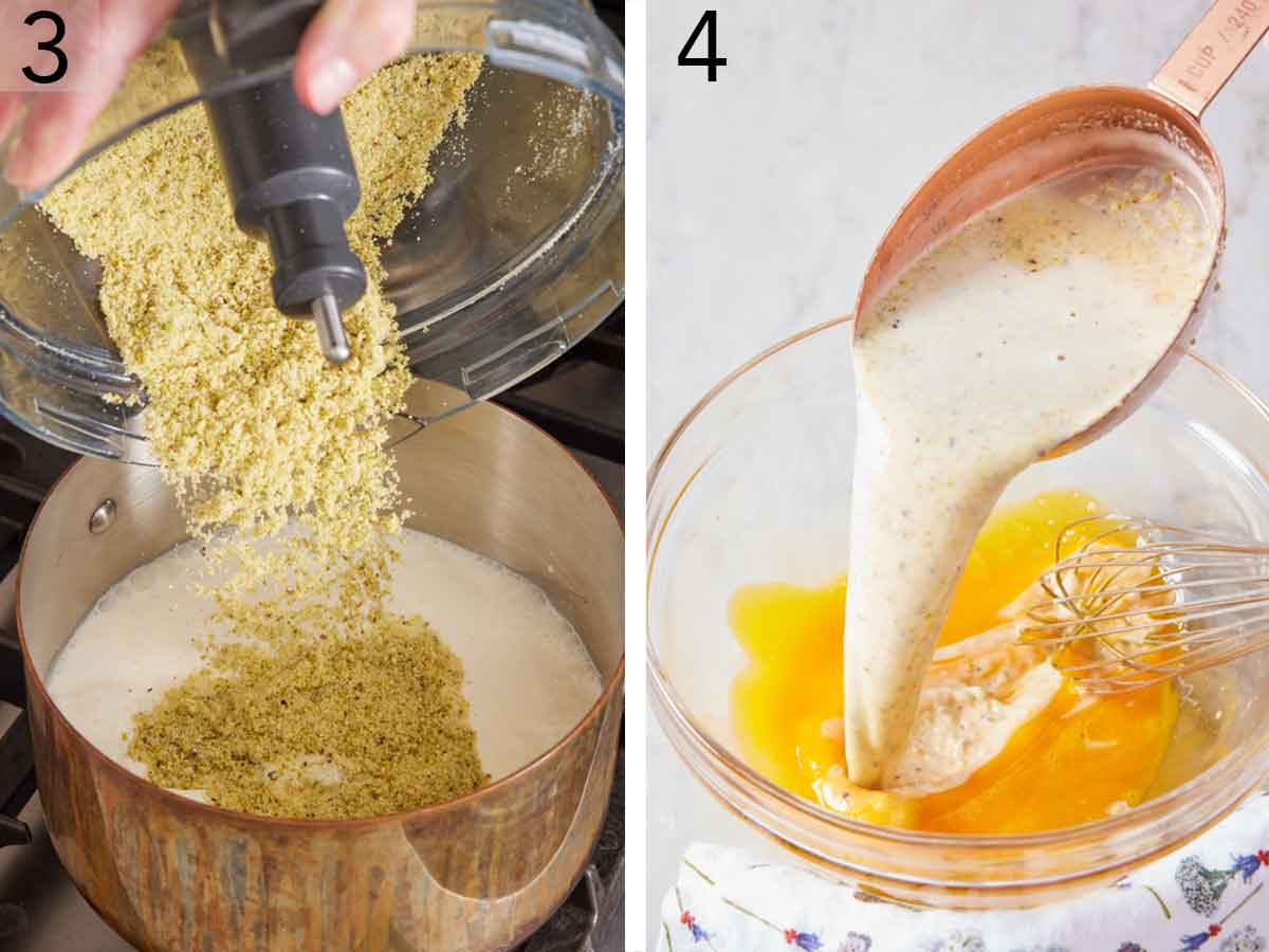 Set of two photos showing pistachio mixture added to a saucepan of cream and milk then added to the egg yolks.