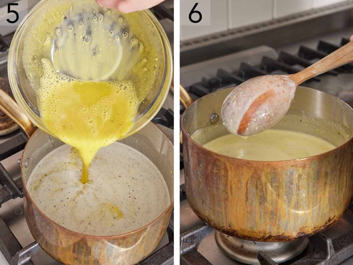 Set of two photos showing the pistachio ice cream mixture cooked until thickened in a saucepan.