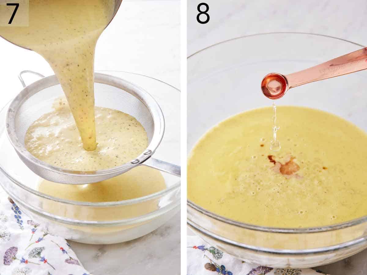 Set of two photos showing liquid strained through a fine mesh strainer then almond extract added.