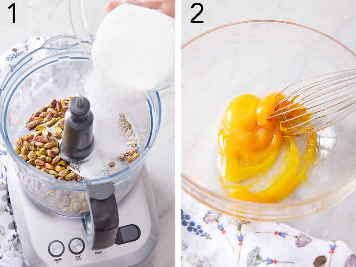 Set of two photos showing sugar added to a food processor with pistachios and egg yolks whisked in a bowl.