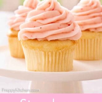 Pinterest graphic of a cake stand with three cupcakes with strawberry frosting.