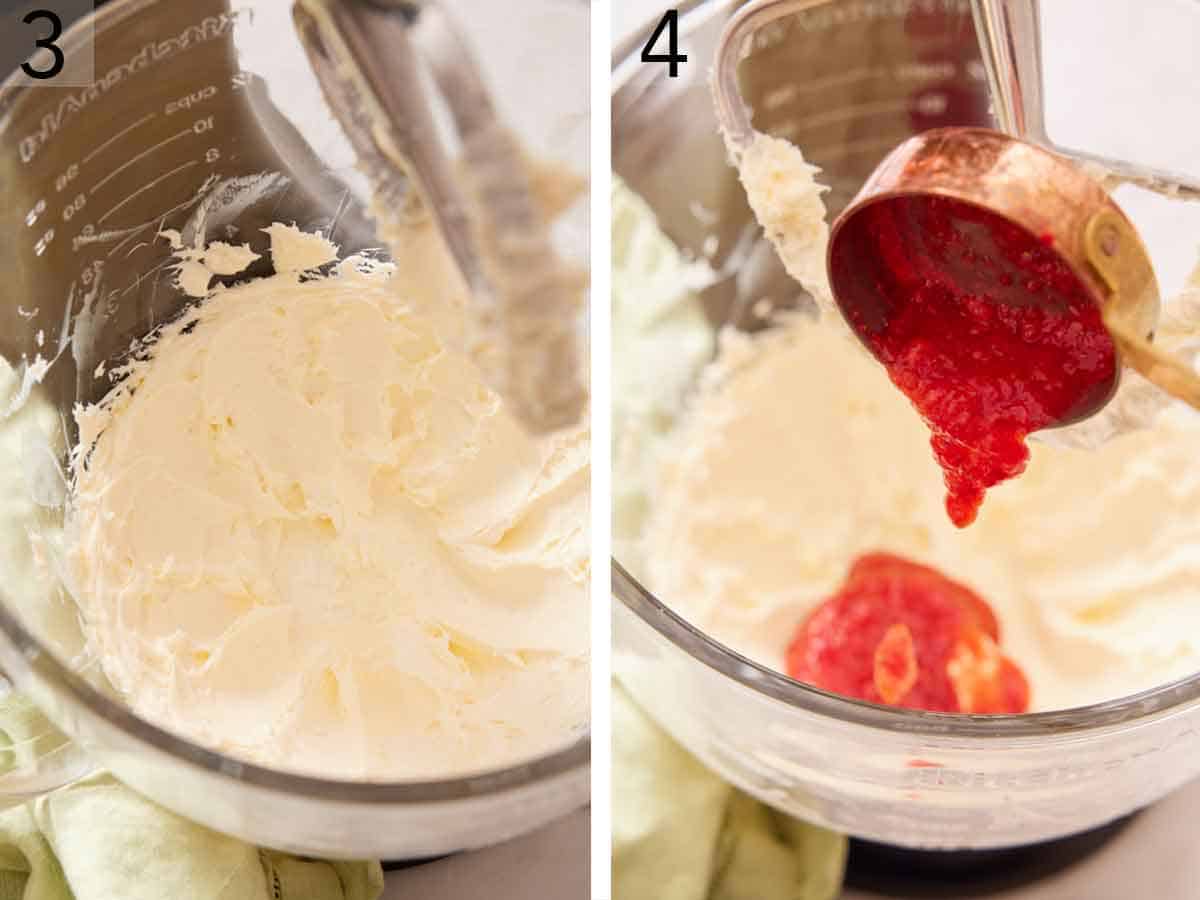 Set of two photos showing frosting whipped in a mixer and strawberry mixture added.