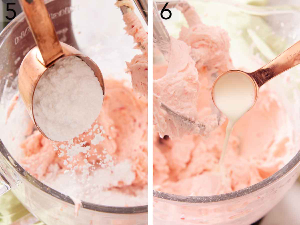 Set of two photos showing powdered sugar and heavy cream added to the mixer.