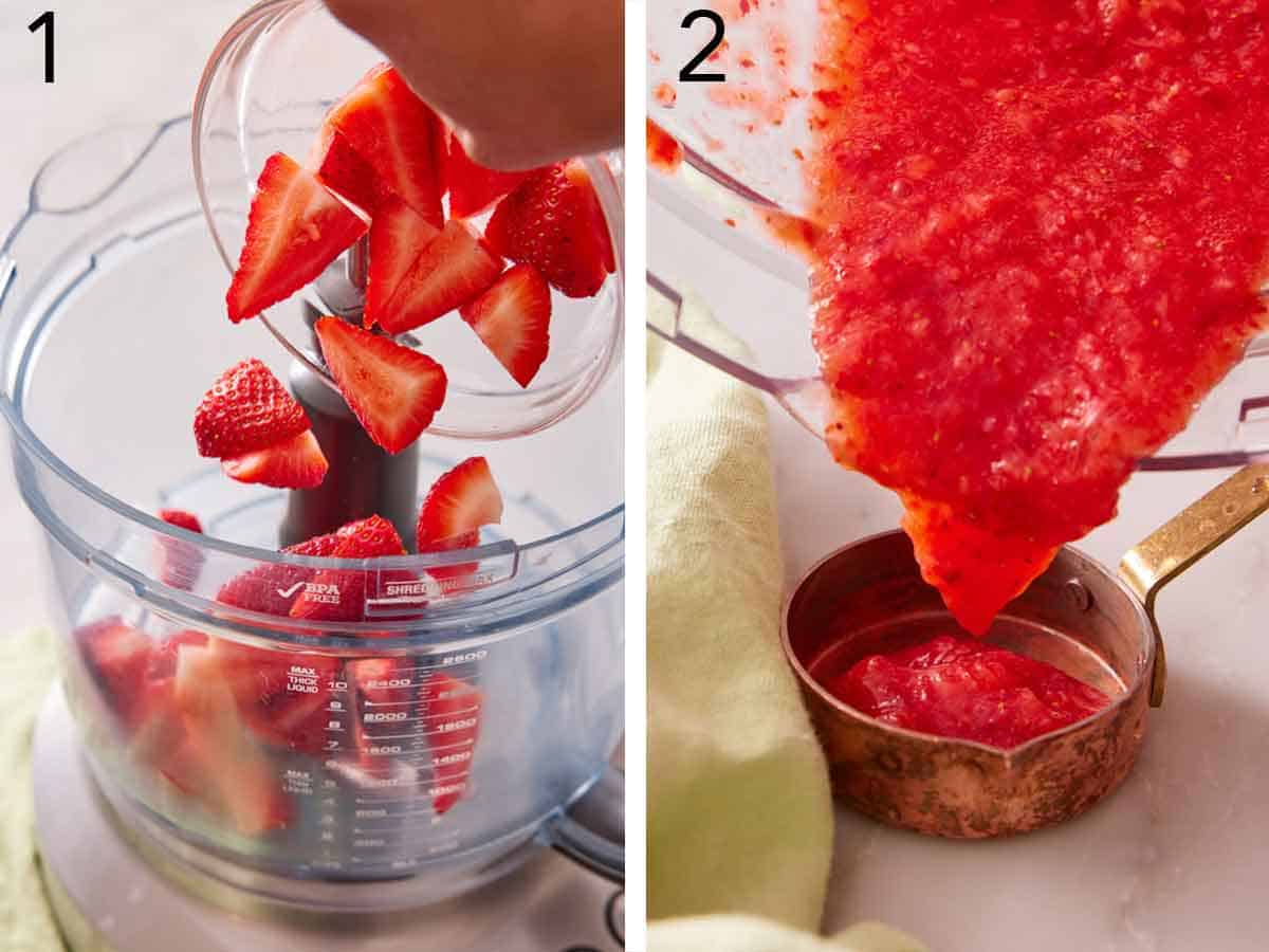 Set of two photos showing strawberries added to a food processor and then poured into a measuring cup.