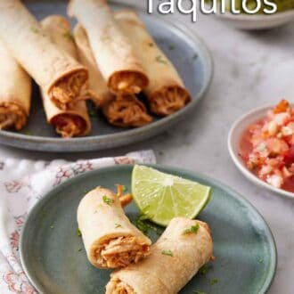 Pinterest graphic of a plate with an air fryer taquito cut in half with a lime wedge. More taquitos in the background.