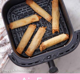 Pinterest graphic an overhead view of taquitos in an air fryer basket.