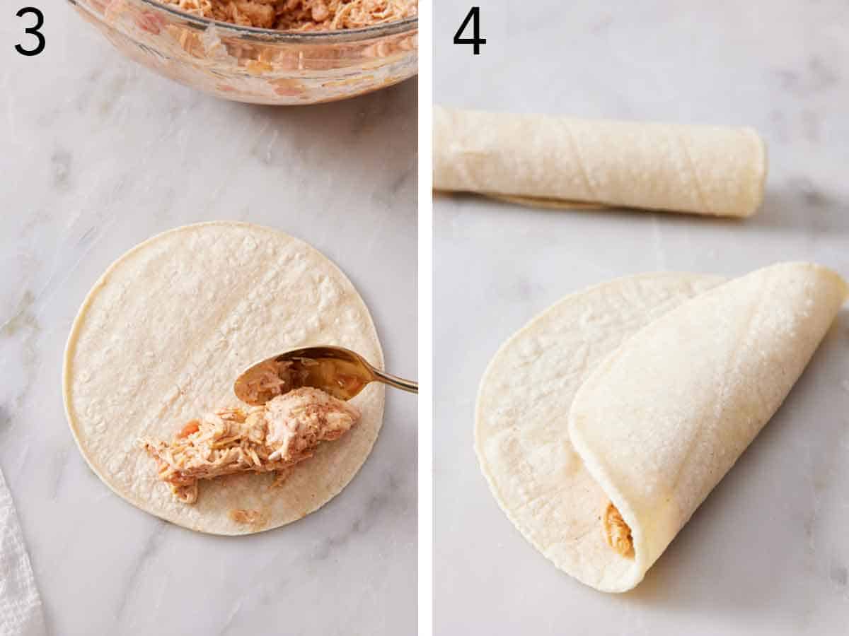 Set of two photos showing filling spooned onto a tortilla and rolled.