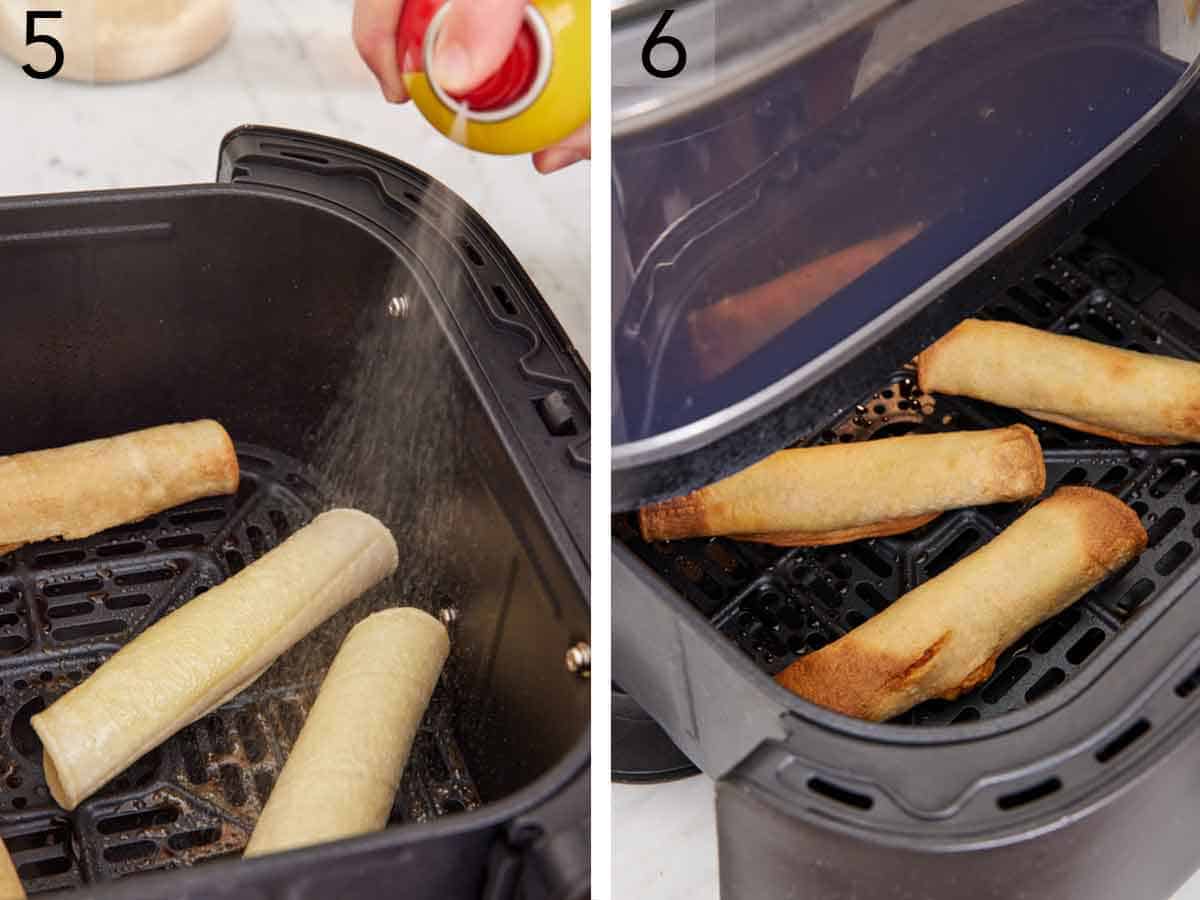 Set of two photos showing taquitos sprayed with oil in an air fryer basket and air fried.