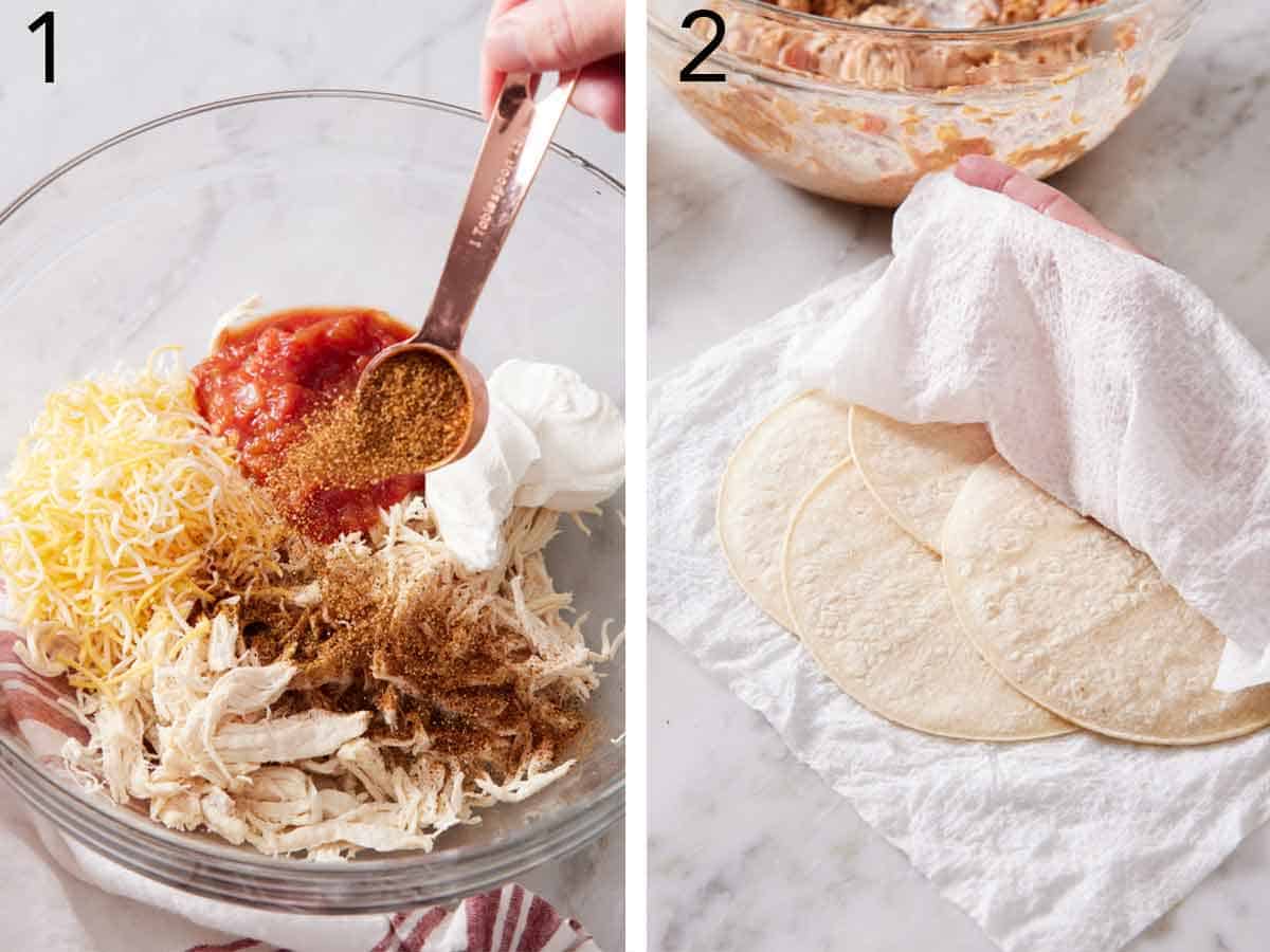 Set of two photos showing taco seasoning added to a bowl of filling ingredients and tortillas in a paper towel.