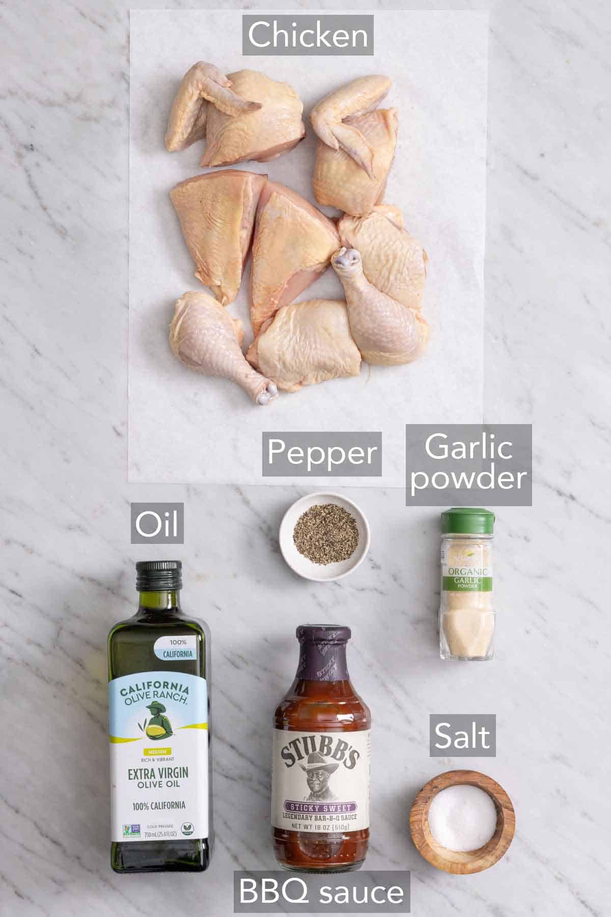 Ingredients needed to make BBQ chicken.