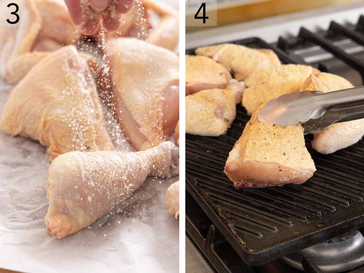 Set of two photos showing seasoning added to the chicken pieces and then grilled.