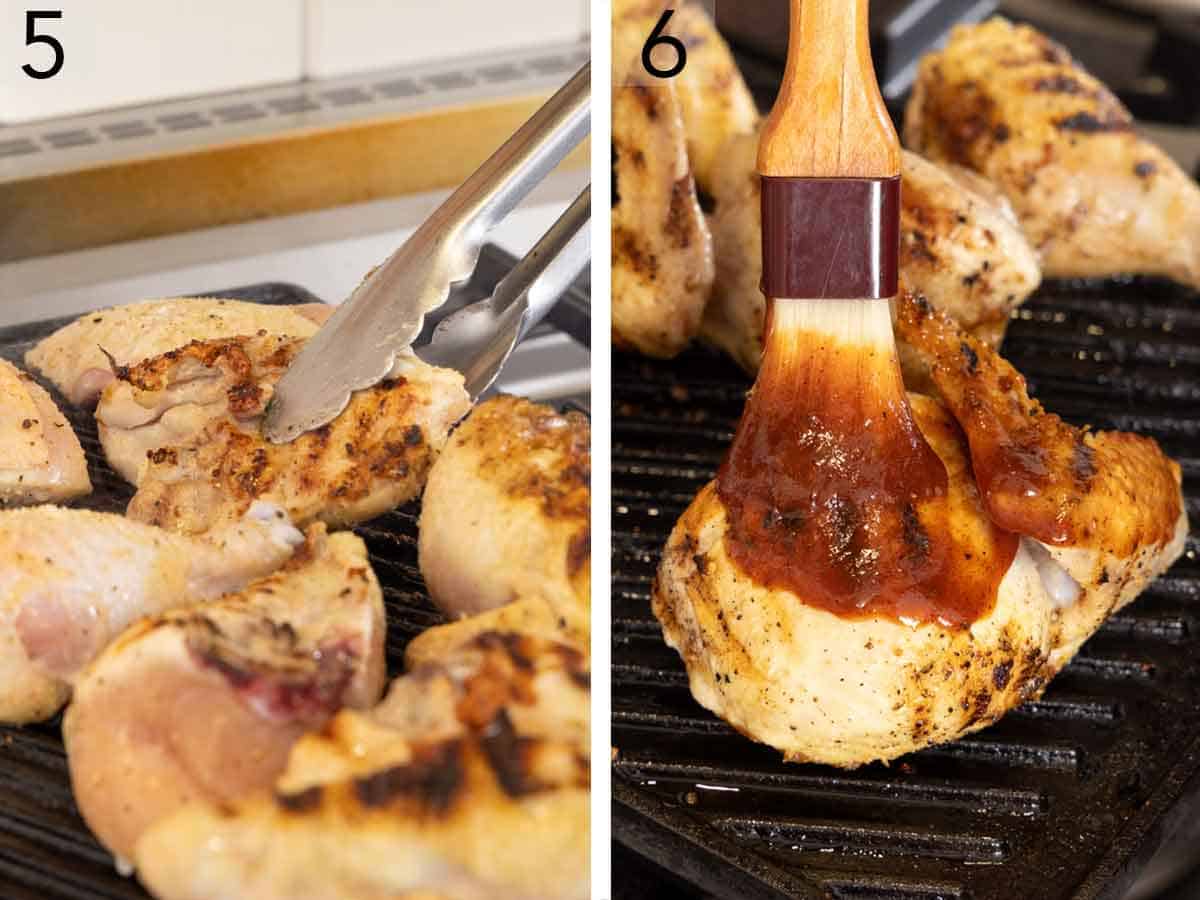 Set of two photos showing chicken flipped and BBQ sauce brushed on top.