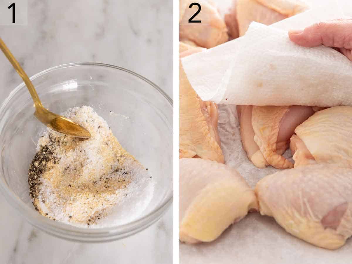 Set of two photos showing seasoning mixed together in a bowl and chicken patted dry with a paper towel.