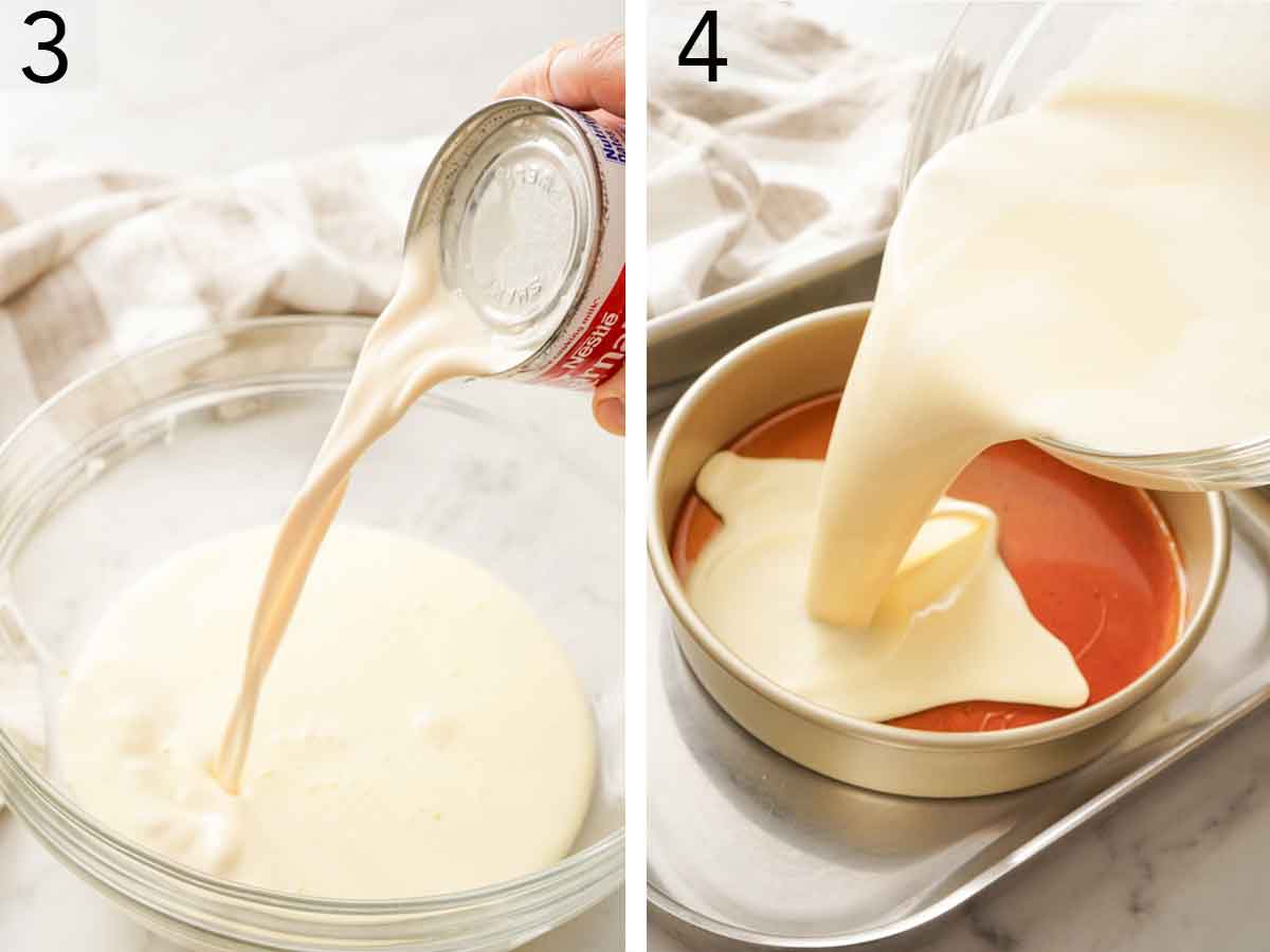 Set of two photos showing liquid ingredients poured into a bowl and poured over the caramel in the baking pan.