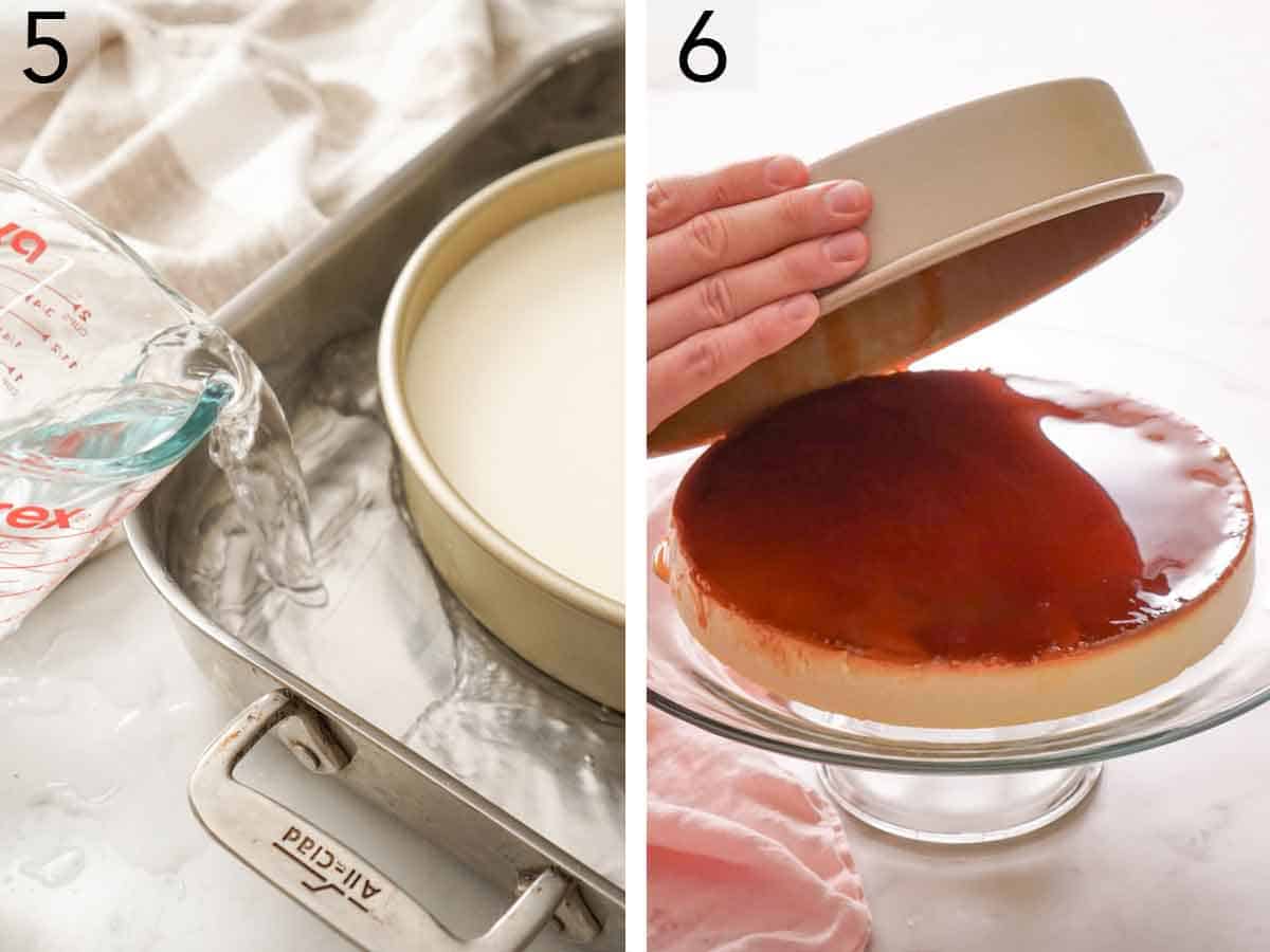 Set of two photos showing water added to a large roasting pan to create a water bath and then a cooked flan flipped onto a cake stand.