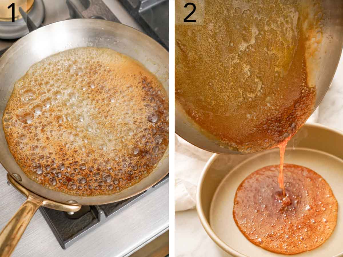 Set of two photos showing caramel cooked in a skillet and poured into a baking pan.