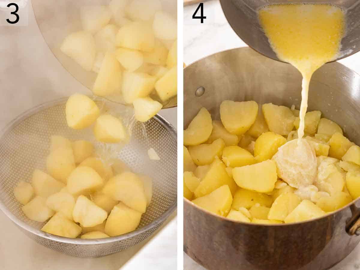 Set of two photos showing potatoes strained and the milk-butter mixture poured into the potatoes.