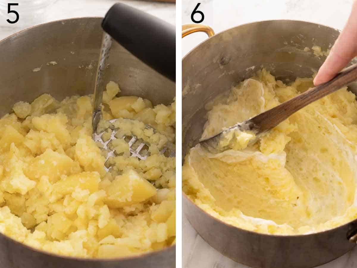 Set of two photos showing mixture mashed and mixed.