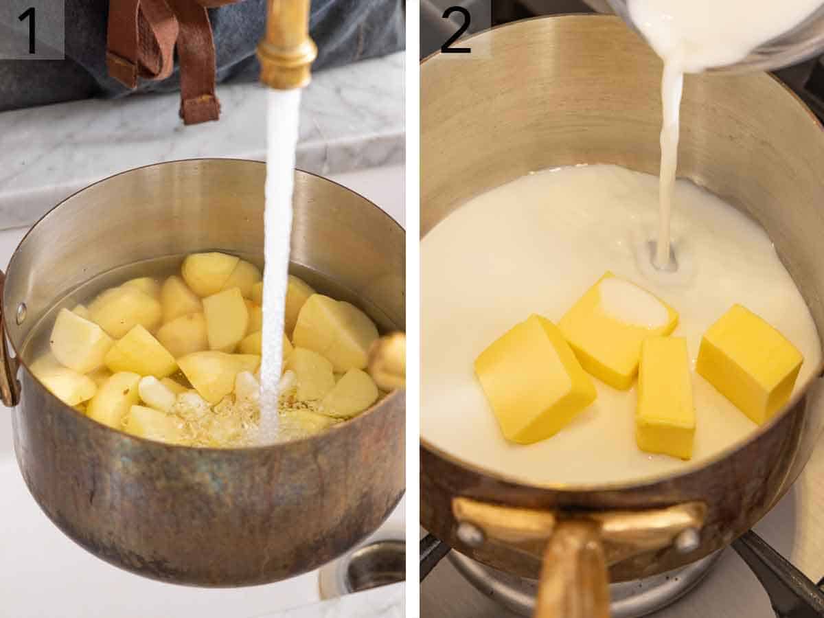 Set of two photos showing water added to a pot of potatoes and milk added to a saucepan of butter.