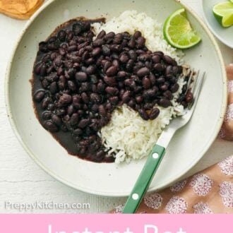 Pinterest graphic of Instant Pot black beans over rice on a plate with a fork.