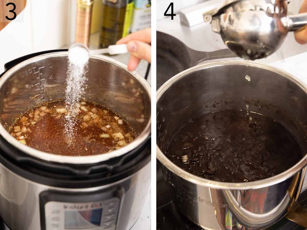 Set of two photos showing salt and lime juice added to the pressure cooker.