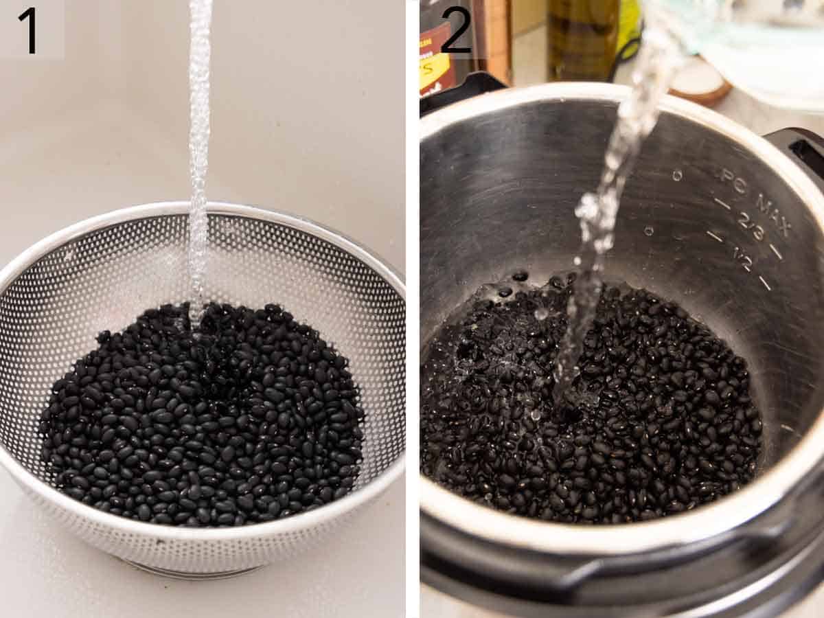 Set of two photos showing dried black beans rinsed and added to an Instant Pot with water.