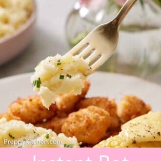 Pinterest graphic of a fork lifting up a bite of Instant Pot mashed potatoes from a plate.