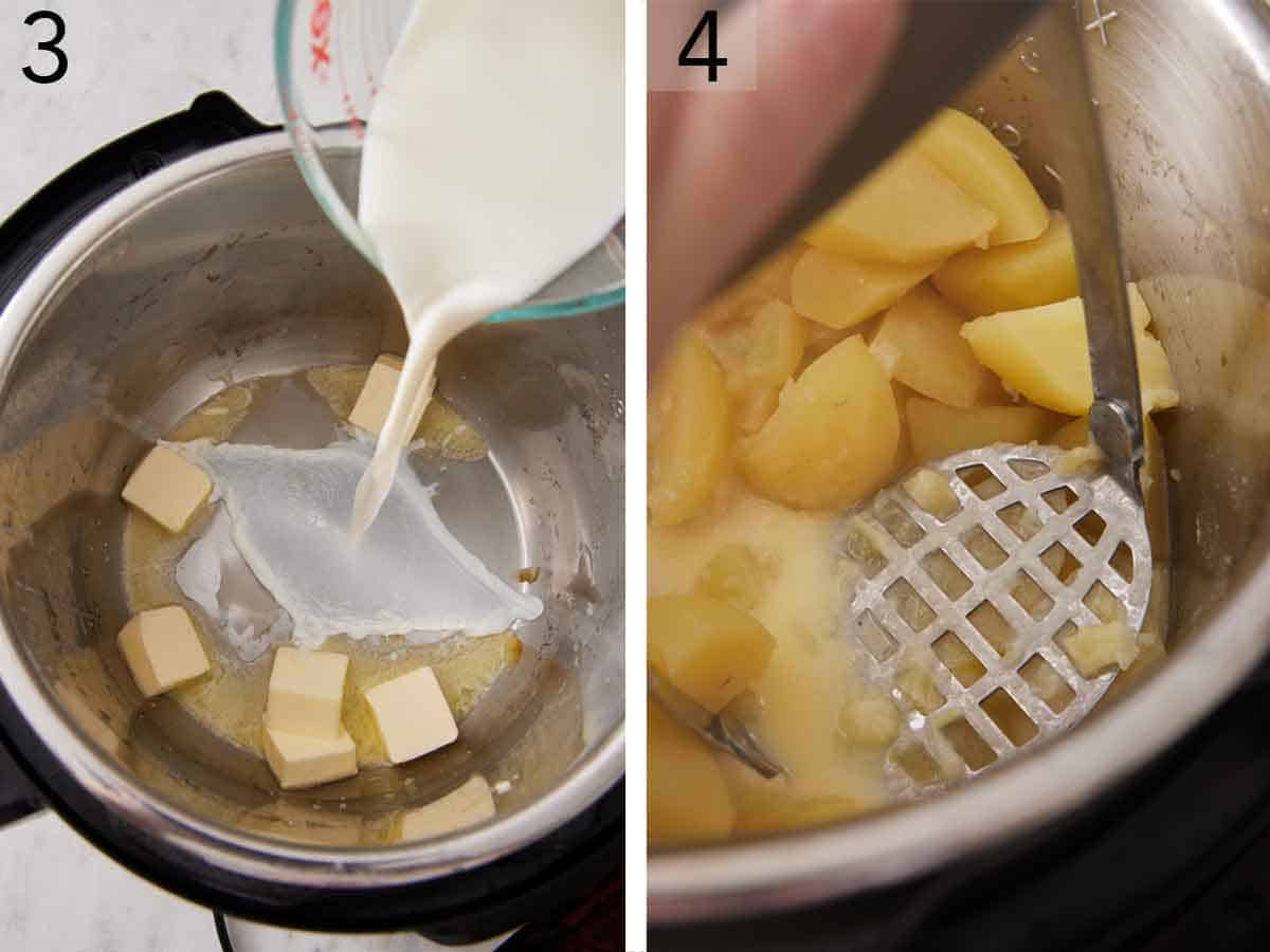 Set of two photos showing butter and milk added to the pot and potatoes mashed.