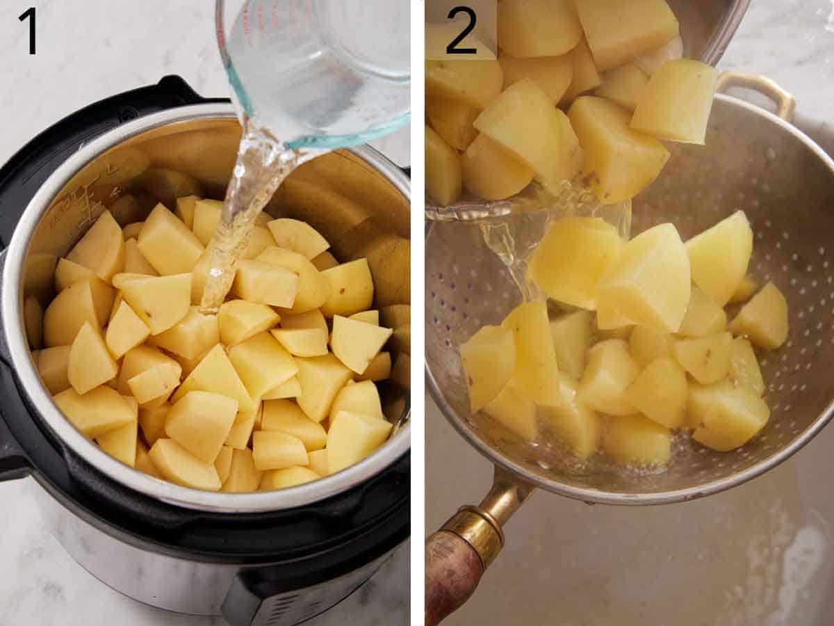 Set of two photos showing diced potatoes in an instant pot and water poured into it then cooked potatoes drained.