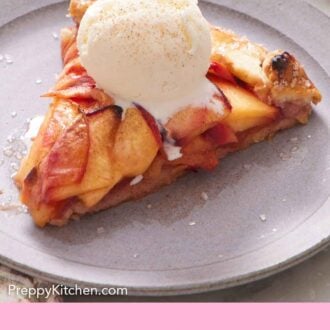 Pinterest graphic of a slice of peach galette with a scoop of ice cream on top.