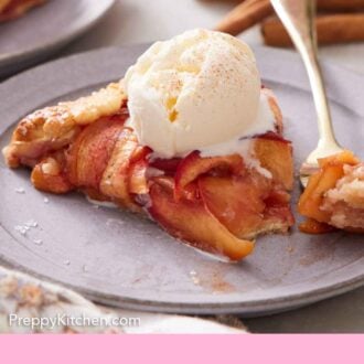 Pinterest graphic of a slice of peach galette with a scoop of ice cream on top witha bite on the fork beside it.