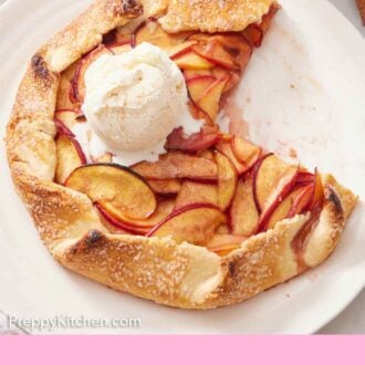 Pinterest graphic of a cut peach galette with a scoop of vanilla ice cream on top.