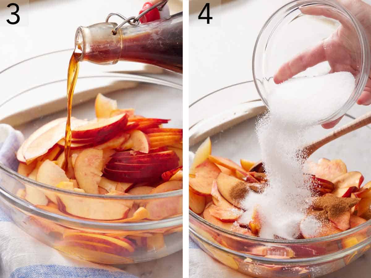 Set of two photos showing vanilla and sugar added to peach slices.