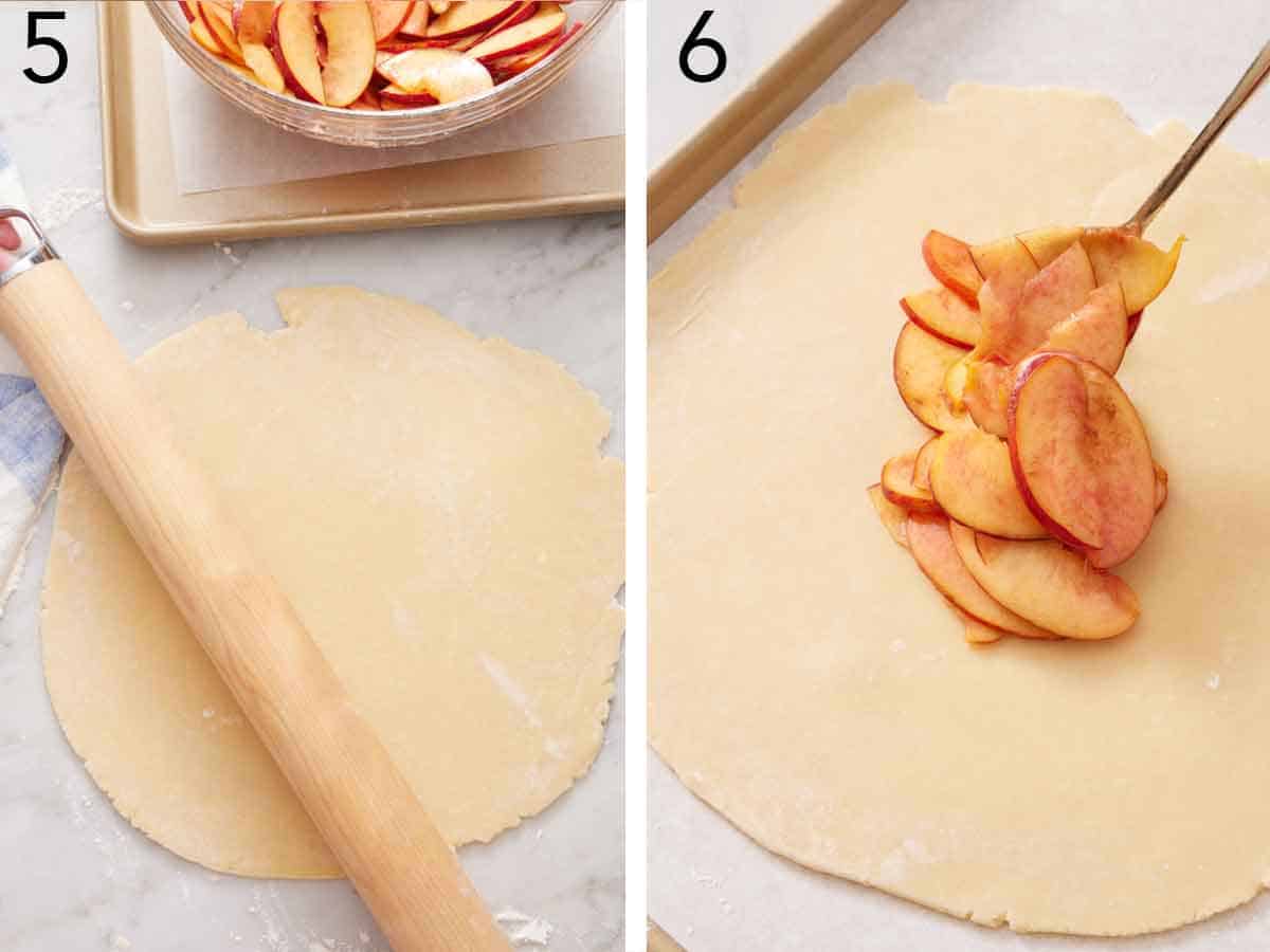 Set of two photos showing dough rolled out and peach slices scooped into the middle.