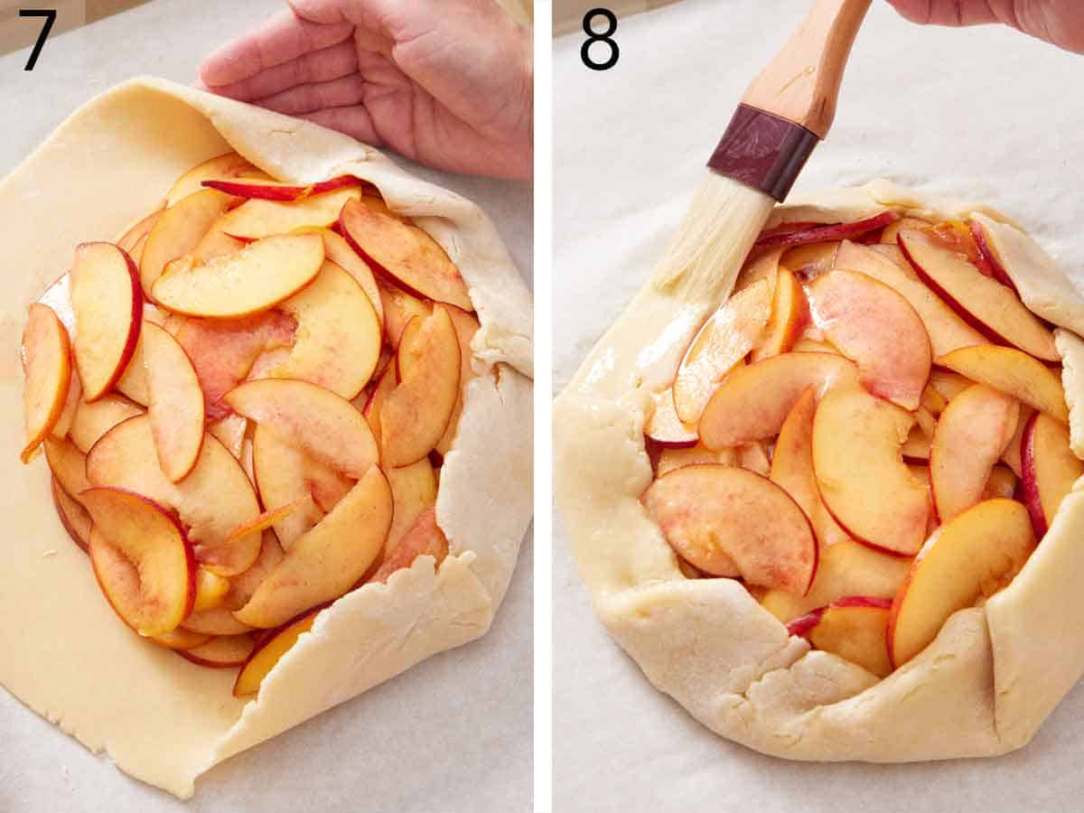 Set of two photos showing pie crust folded over the peaches and brushed.