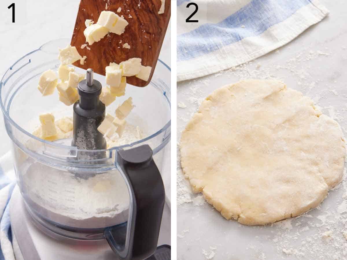 Set of two photos showing butter added to a food process and pie dough flatten on a marble surface.