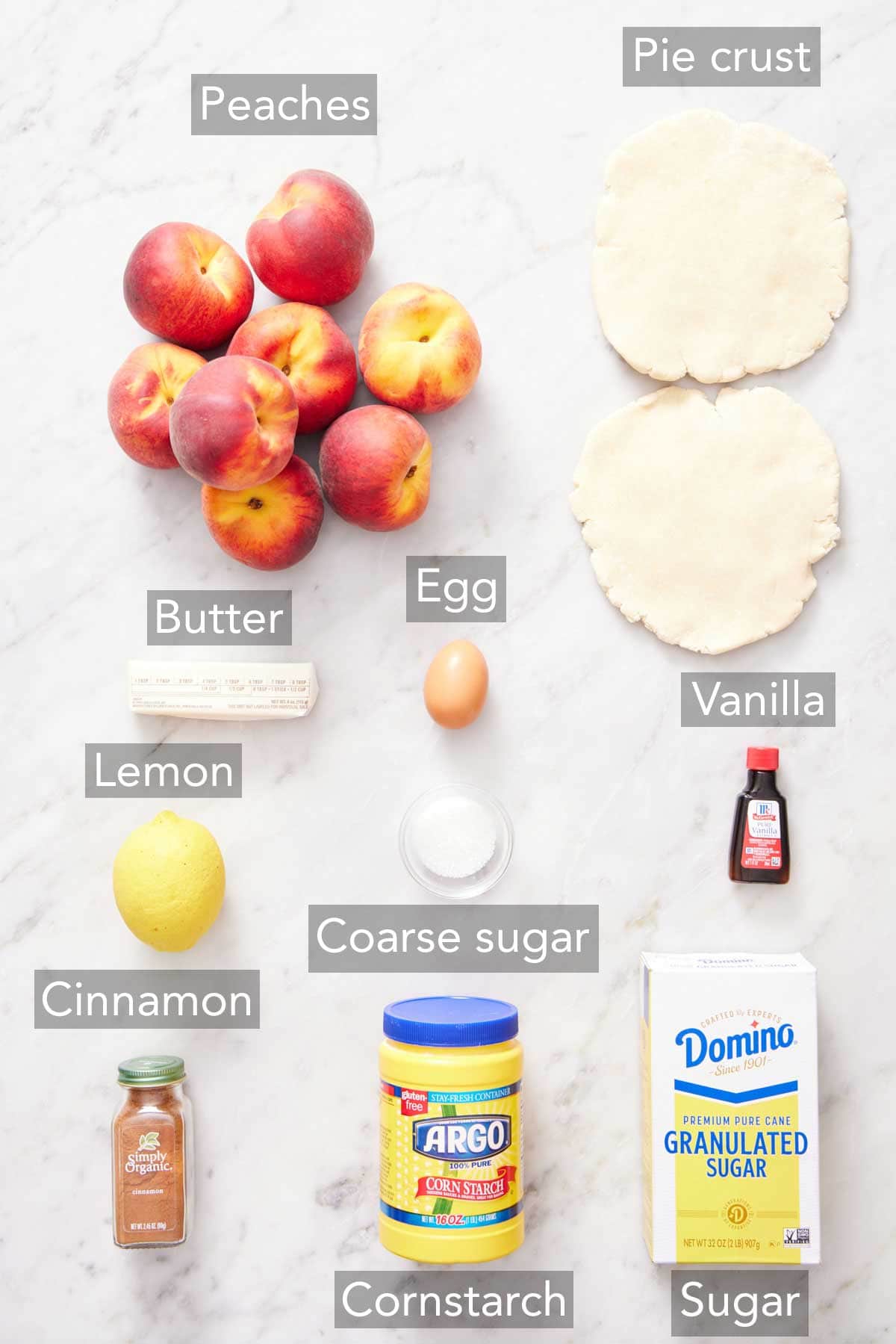 Ingredients needed to make a peach pie.