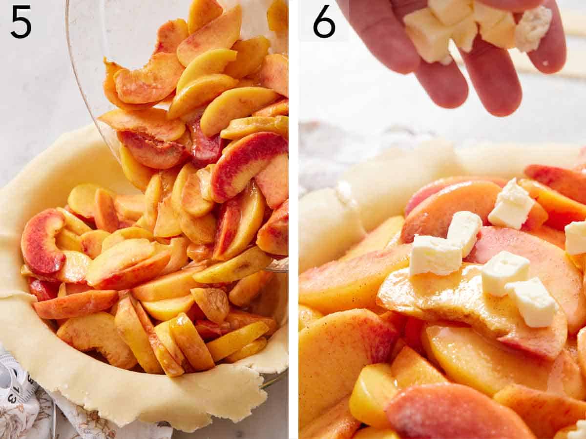 Set of two photos showing peach slices poured into the pie crust and butter added on top.