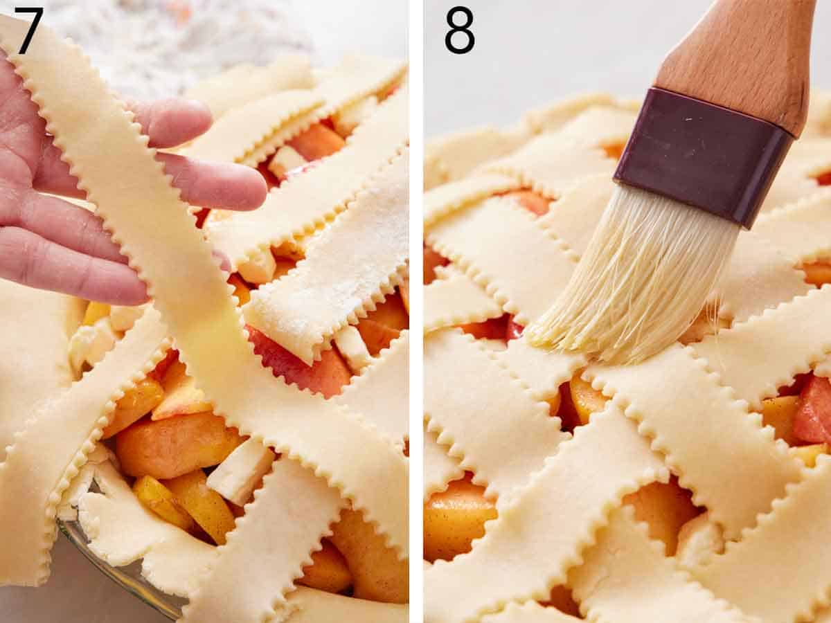 Set of two photo showing pie lattice placed onto the pie and brushed.