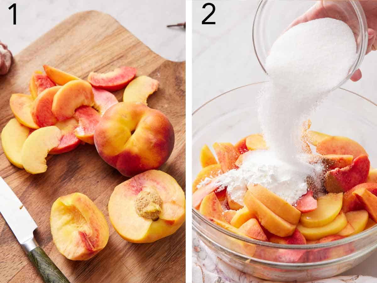 Set of two photos showing peaches cut and sugar added.