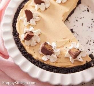 Pinterest graphic of a peanut butter pie with a quarter cut out in a baking dish.